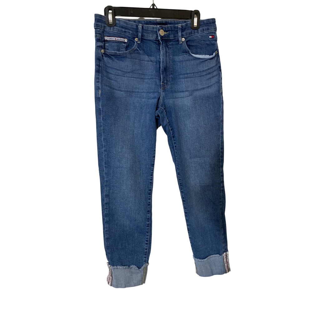 Tommy Hilfiger Womens High Rise Skinny Jeans Blue Logo Tape Cuff Size 8